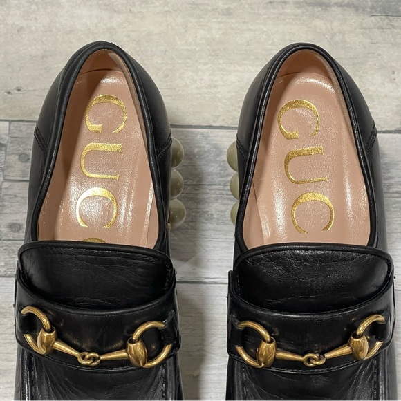GUCCI Black Vegas Horsebit Pearl Studded Platform Loafer Block Heel Pump - Sz-6 - Picture 9 of 14